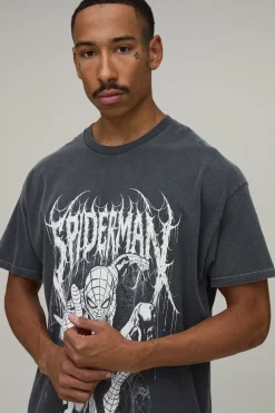 T-shirt Délavé Oversize À Imprimé Licence Spiderman Gothique