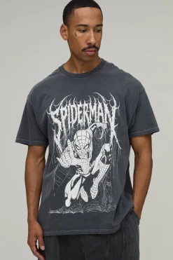 T-shirt Délavé Oversize À Imprimé Licence Spiderman Gothique