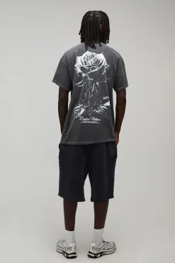 T-shirt Délavé Oversize À Imprimé Roses