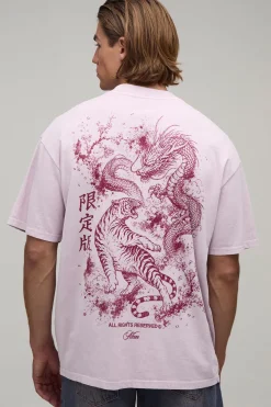 T-shirt Délavé Oversize À Motif Tigre Et Dragon