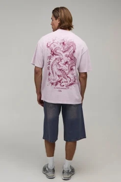 T-shirt Délavé Oversize À Motif Tigre Et Dragon