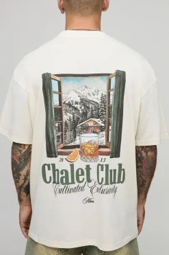 boohooMAN T-shirt surdimensionné à col allongé, Chalet, montagne, Alpes, paysage<Homme T-Shirts Impriméstendances|T-Shirts