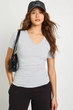 T-shirt à encolure en V, taille froncée et manches courtes