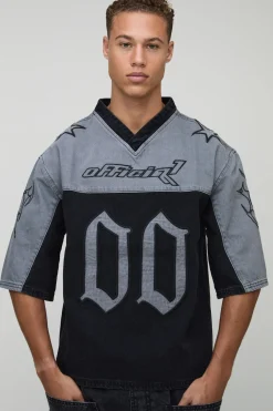 T-shirt en denim football brodé, surdimensionné et long