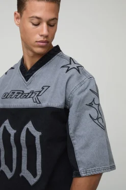 T-shirt en denim football brodé, surdimensionné et long