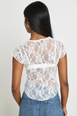T-shirt En Dentelle À Manches Courtes Et Ourlet Arrondi