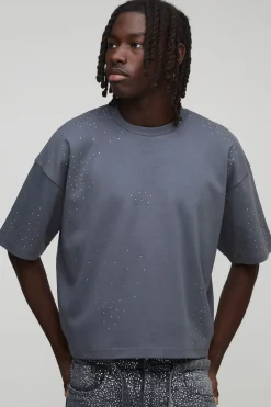 boohooMAN T-shirt en interlock lourd, surdimensionné, rétréci, au style boxy et orné de strass<Homme T-Shirts