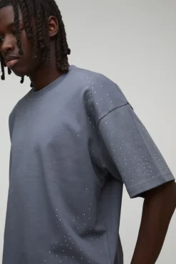 boohooMAN T-shirt en interlock lourd, surdimensionné, rétréci, au style boxy et orné de strass<Homme T-Shirts