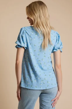 T-shirt En Jersey À Imprimé Fleuri Bleu Avec Manches Bouffantes