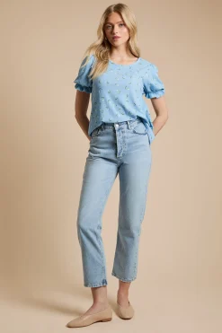 T-shirt En Jersey À Imprimé Fleuri Bleu Avec Manches Bouffantes