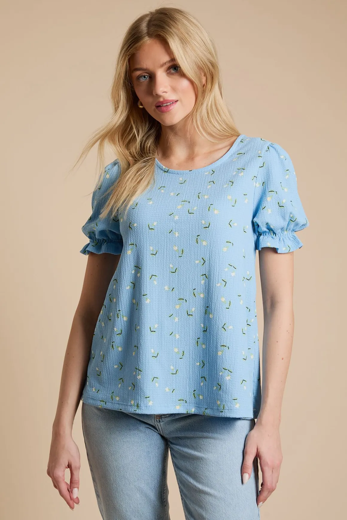 T-shirt En Jersey À Imprimé Fleuri Bleu Avec Manches Bouffantes