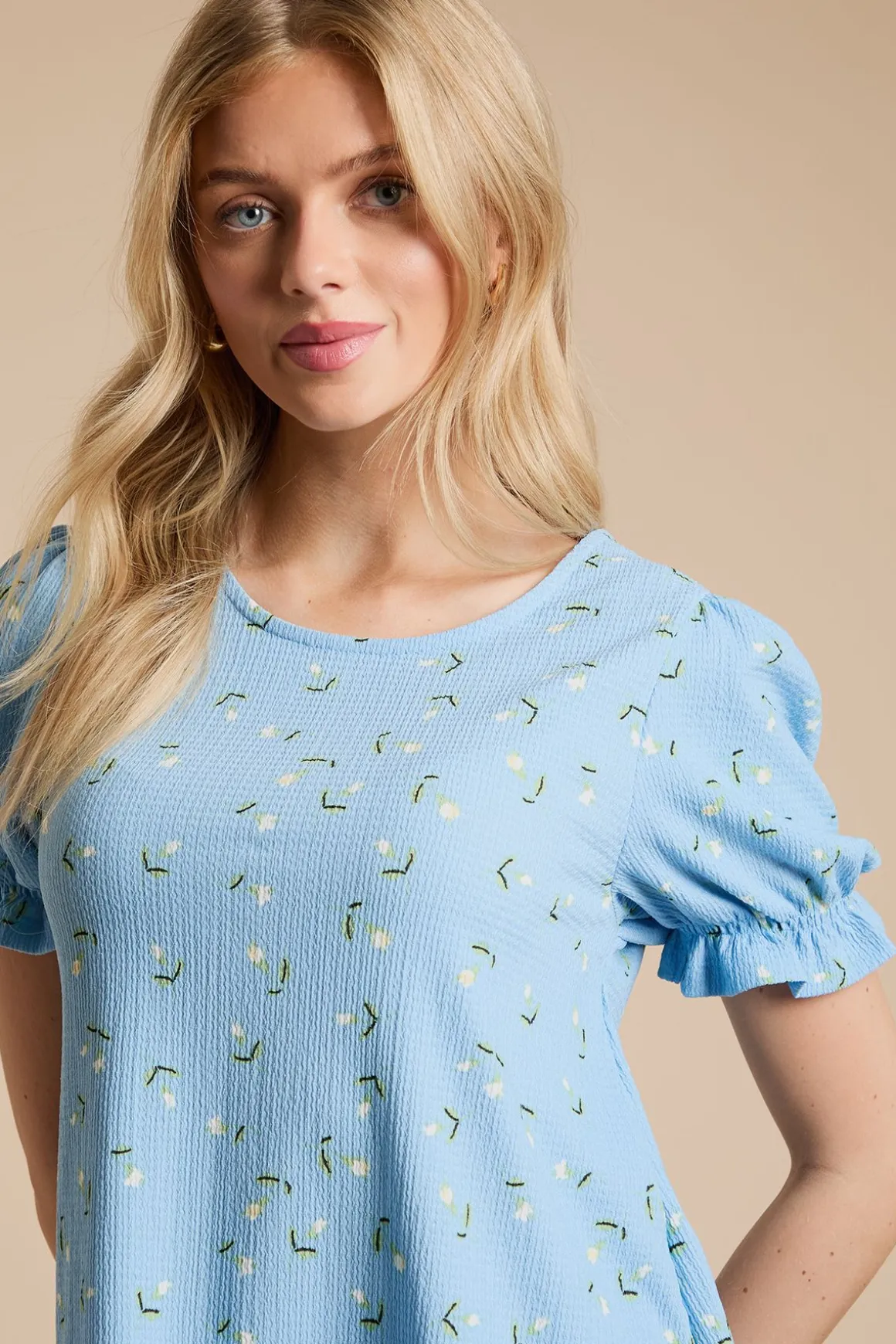 T-shirt En Jersey À Imprimé Fleuri Bleu Avec Manches Bouffantes