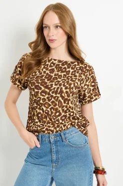 Wallis T-shirt En Jersey À Imprimé Léopard Avec Manches Retroussées Et Boutons<Femme Looks Chocolat|Imprimé Léopard