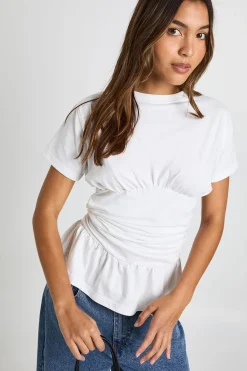 boohoo T-shirt en jersey à taille froncée et ourlet à volants<Femme Tops