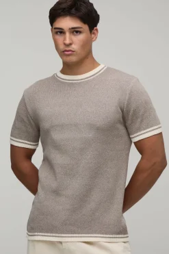T-shirt En Maille Ajustée À Bords Contrastés En Mélange De Coton