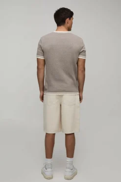 T-shirt En Maille Ajustée À Bords Contrastés En Mélange De Coton