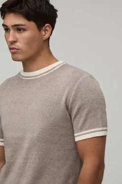T-shirt En Maille Ajustée À Bords Contrastés En Mélange De Coton