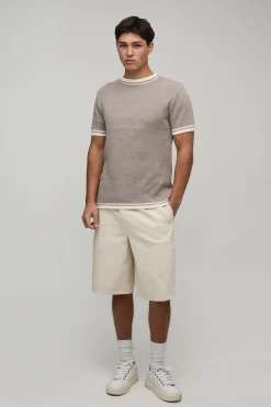 T-shirt En Maille Ajustée À Bords Contrastés En Mélange De Coton