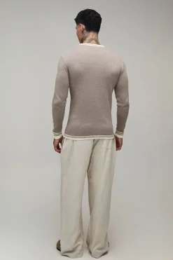 T-shirt En Maille Côtelée À Col Contrasté Coupe Ajustée Musclée Pour Homme Grand