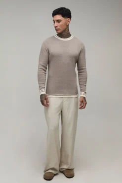 T-shirt En Maille Côtelée À Col Contrasté Coupe Ajustée Musclée Pour Homme Grand