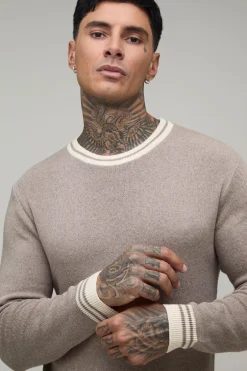 T-shirt En Maille Côtelée À Col Contrasté Coupe Ajustée Musclée Pour Homme Grand