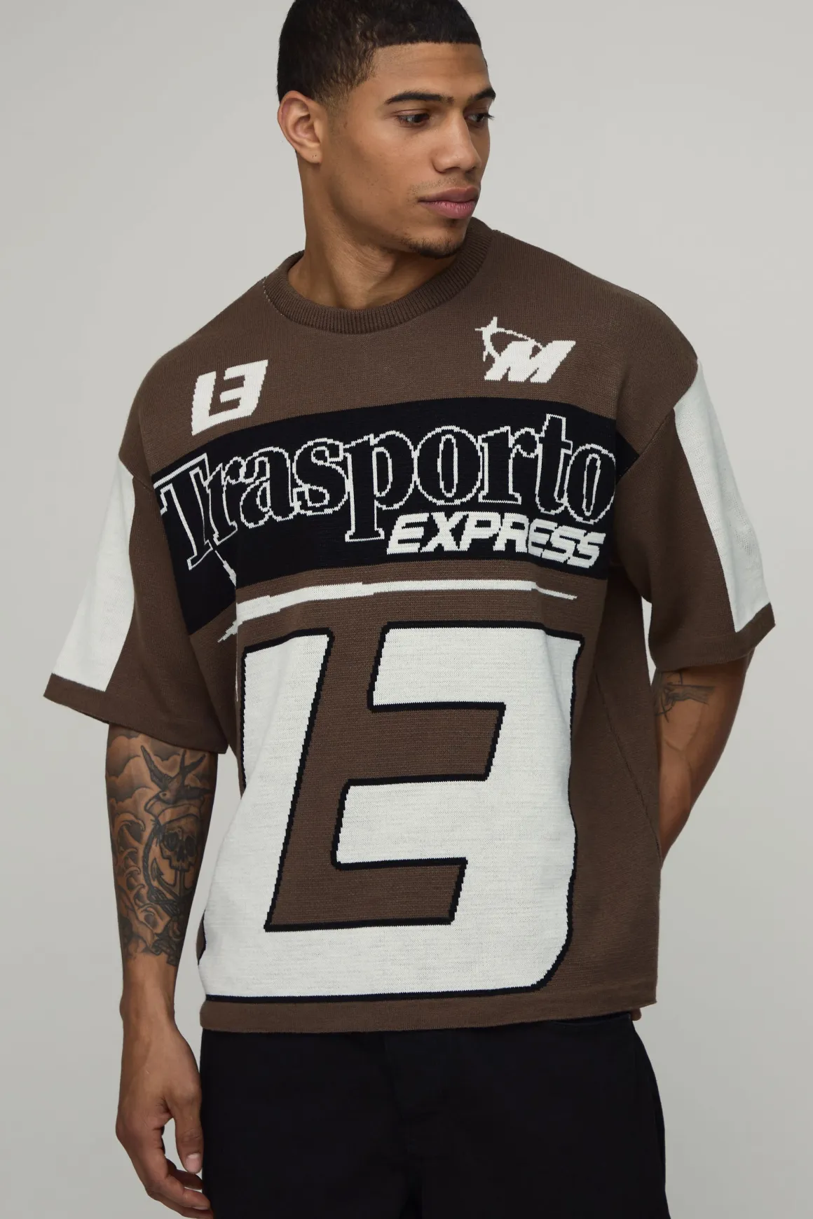 T-Shirt en Maille Jacquard Moto Oversize
