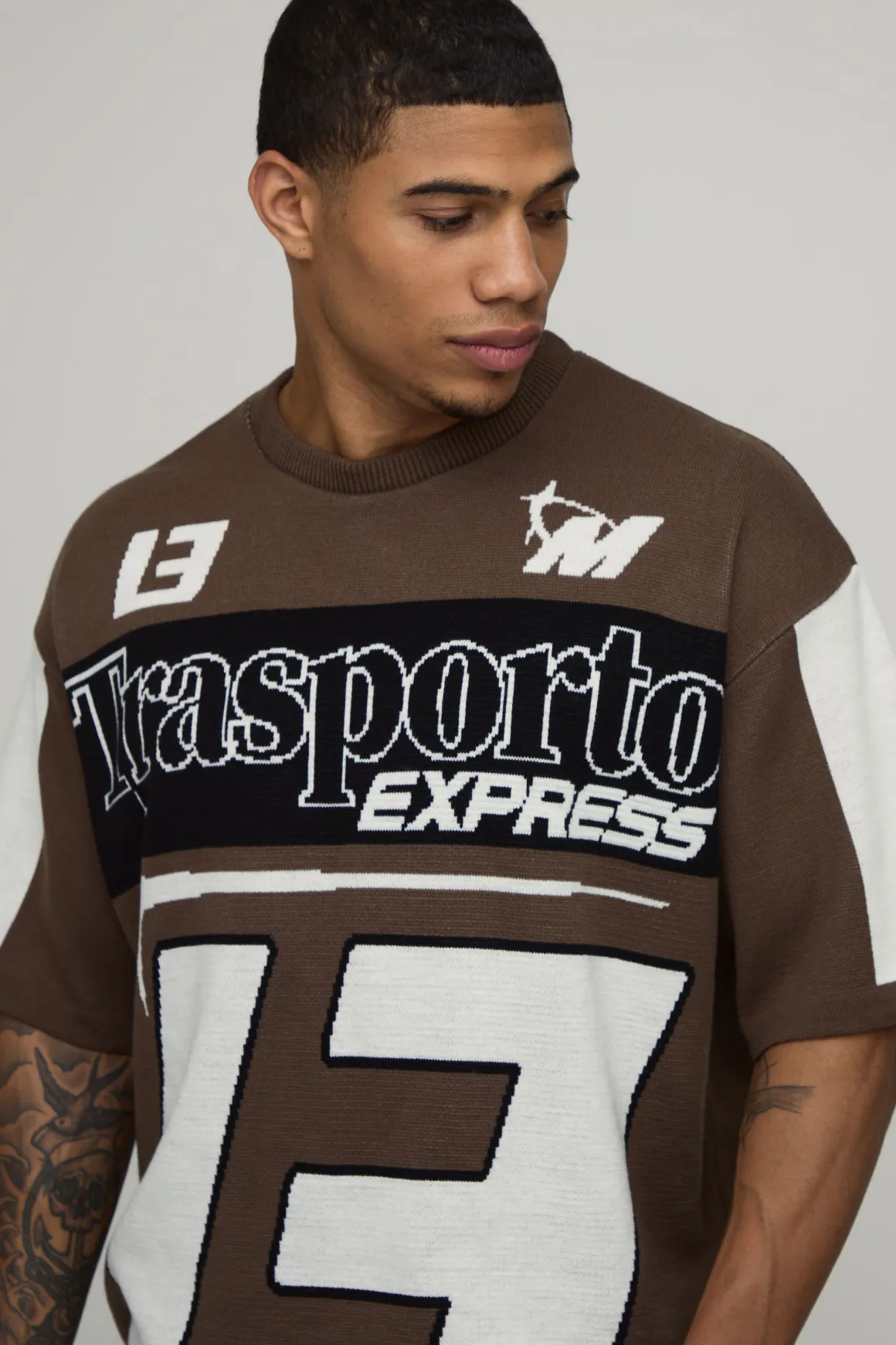 T-Shirt en Maille Jacquard Moto Oversize