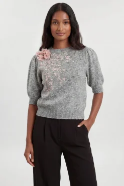 KarenMillen T-shirt en Maille à Manches Bouffantes avec Fleurs et Perles<Femme Pulls Et Gilets|Toutes Les Mailles