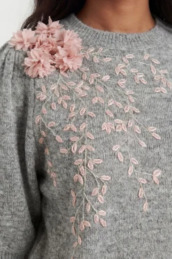 KarenMillen T-shirt en Maille à Manches Bouffantes avec Fleurs et Perles<Femme Pulls Et Gilets|Toutes Les Mailles