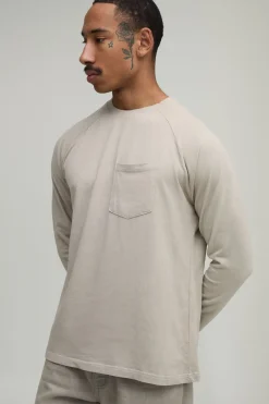 boohooMAN T-shirt Essentiel Délavé Coupe Regular Manches Raglan Longues Avec Poche Poitrine<Homme Nouveautés Grande Taille|Tout Afficher