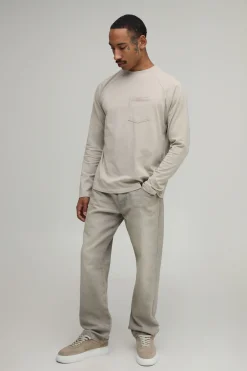 boohooMAN T-shirt Essentiel Délavé Coupe Regular Manches Raglan Longues Avec Poche Poitrine<Homme Nouveautés Grande Taille|Tout Afficher