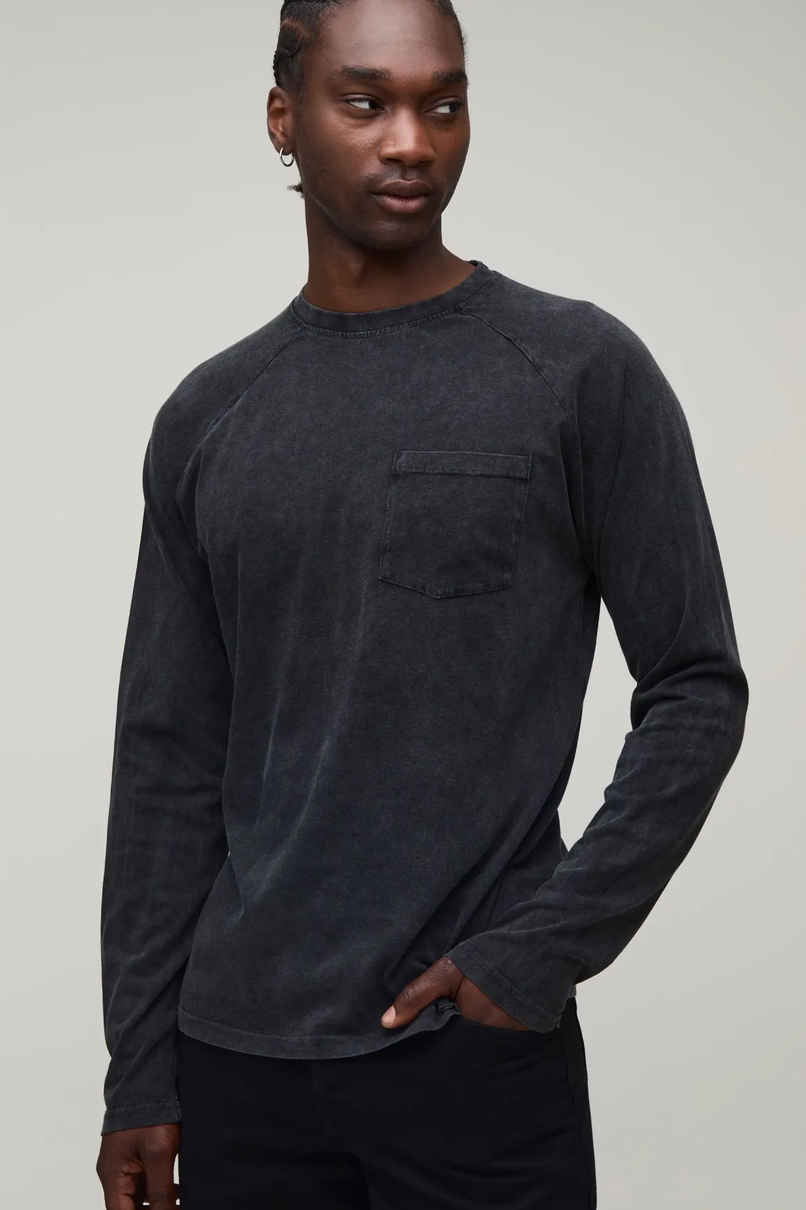 T-shirt Essentiel Grande Taille Coupe Regular Délavé Manches Longues Raglan Avec Poche Poitrine