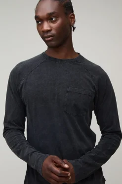 T-shirt Essentiel Grande Taille Coupe Regular Délavé Manches Longues Raglan Avec Poche Poitrine