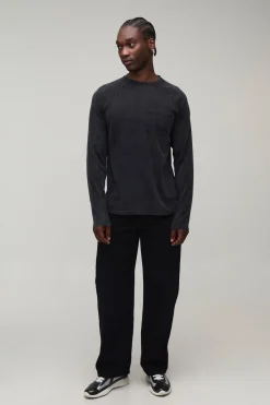 T-shirt Essentiel Grande Taille Coupe Regular Délavé Manches Longues Raglan Avec Poche Poitrine