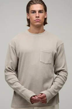 T-shirt Essentiel À Manches Longues En Gaufré Délavé Avec Poche Coupe Regular
