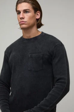 T-shirt Essentiel À Manches Longues En Gaufre Avec Poche, Coupe Régulière Délavée
