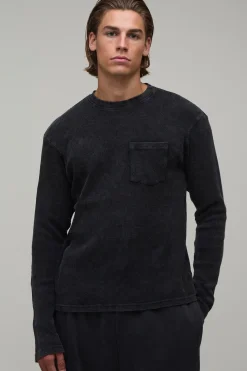 T-shirt Essentiel À Manches Longues En Gaufre Avec Poche, Coupe Régulière Délavée