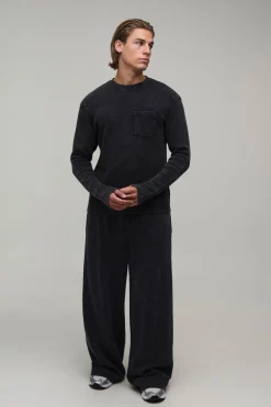 T-shirt Essentiel À Manches Longues En Gaufre Avec Poche, Coupe Régulière Délavée