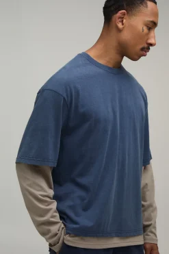 T-shirt Essentiel À Manches Longues Effet Superposé Coupe Regular Délavé