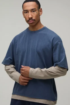 T-shirt Essentiel À Manches Longues Effet Superposé Coupe Regular Délavé