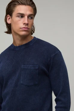 T-shirt Essentiel À Manches Longues En Tissu Gaufré Avec Poche, Coupe Régulière Délavée