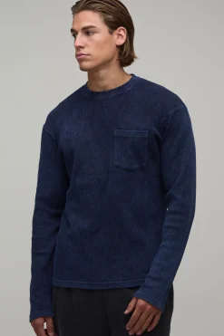 T-shirt Essentiel À Manches Longues En Tissu Gaufré Avec Poche, Coupe Régulière Délavée