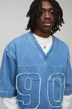 T-shirt football en denim à fausse superposition, surdimensionné et carré