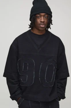 T-Shirt Football en Denim à Fausses Superpositions Coupe Ample Oversize