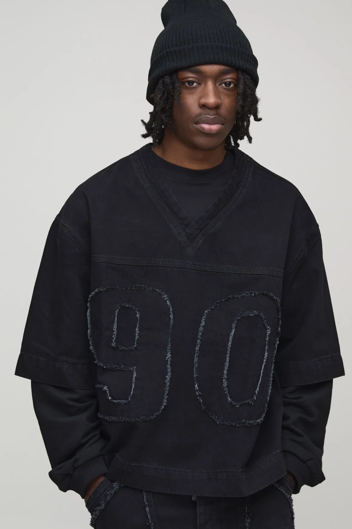 T-Shirt Football en Denim à Fausses Superpositions Coupe Ample Oversize