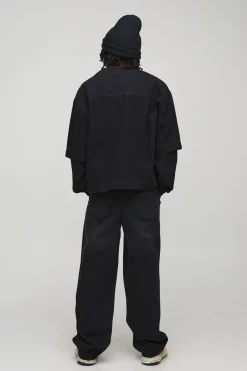 T-Shirt Football en Denim à Fausses Superpositions Coupe Ample Oversize