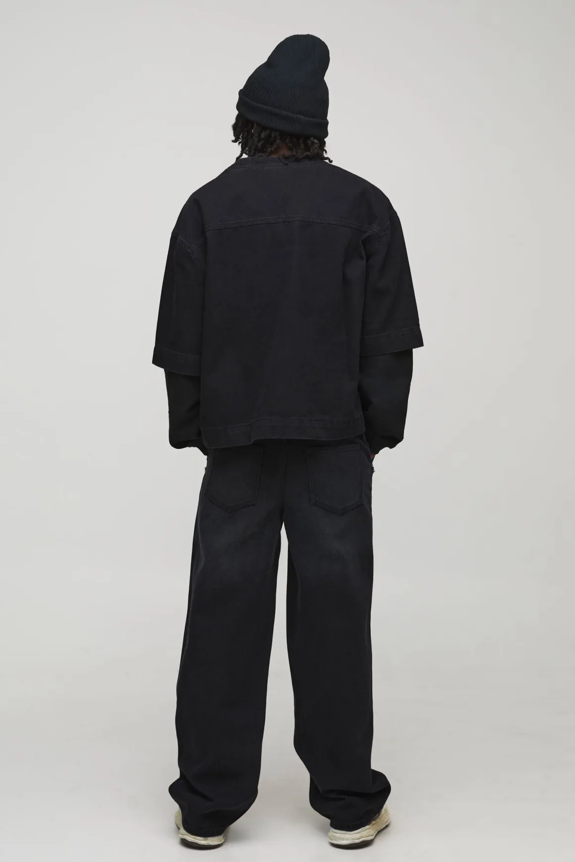 T-Shirt Football en Denim à Fausses Superpositions Coupe Ample Oversize