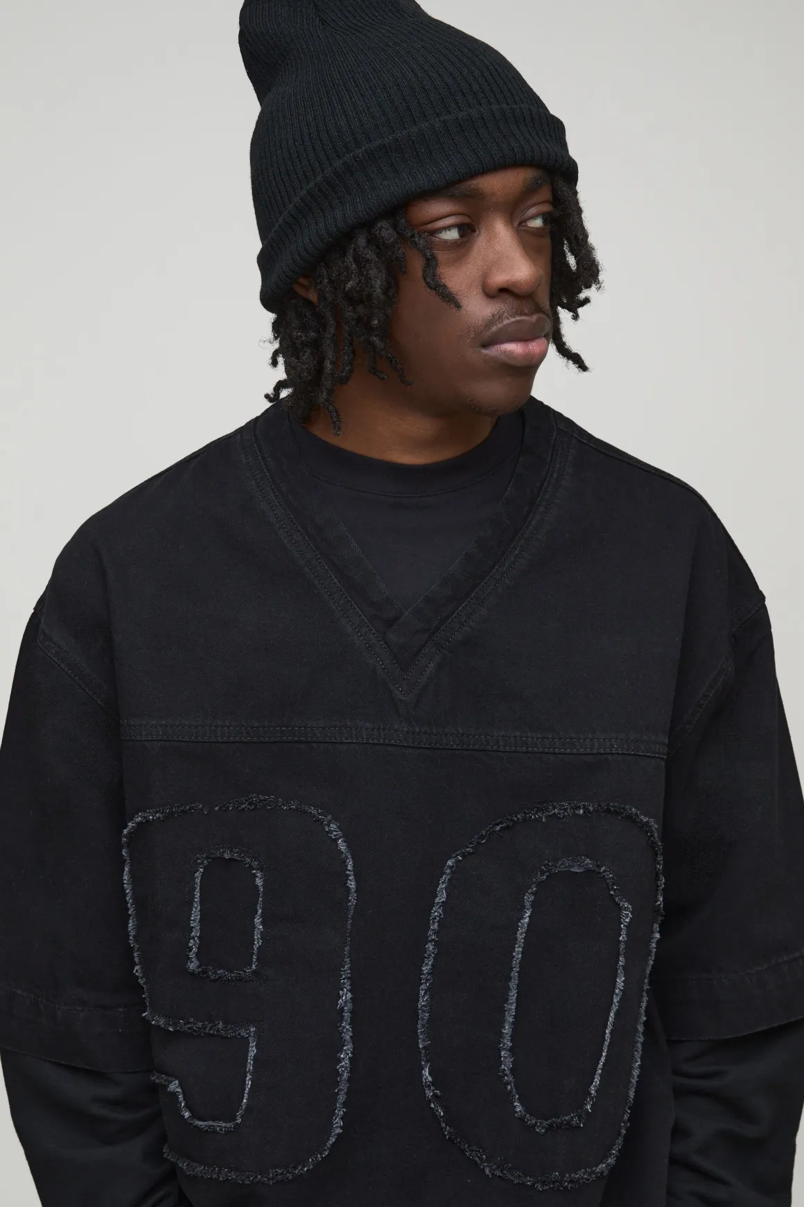 T-Shirt Football en Denim à Fausses Superpositions Coupe Ample Oversize