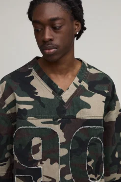T-shirt Football En Denim À Fausse Superposition Oversize Camouflage