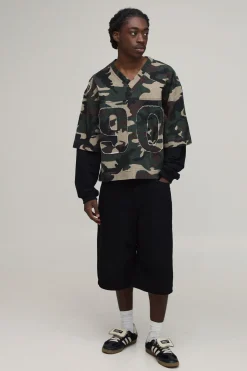 T-shirt Football En Denim À Fausse Superposition Oversize Camouflage